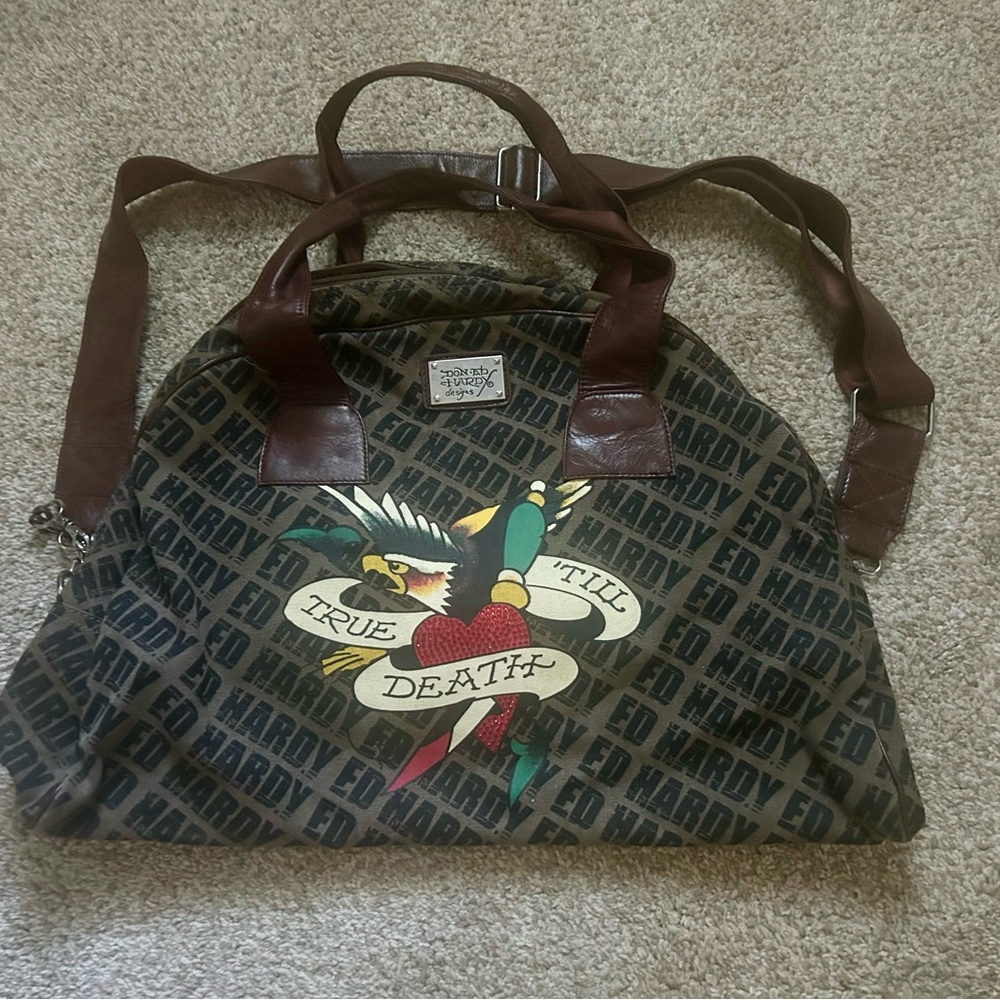 Ed Hardy Black and Brown Travel Bag with Tattoo Design
